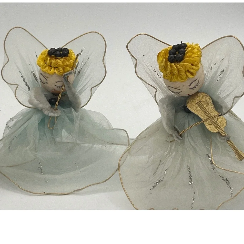 Vtg Tulle Christmas Tree 3 Angels 50/60s MCM Glitter White Tulle Retro Kitsch